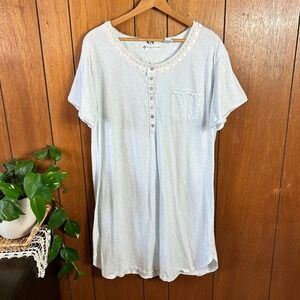 Vintage Eileen West Nightgown L Blue Floral Print Short Sleeve Cotton‎ Lace Trim